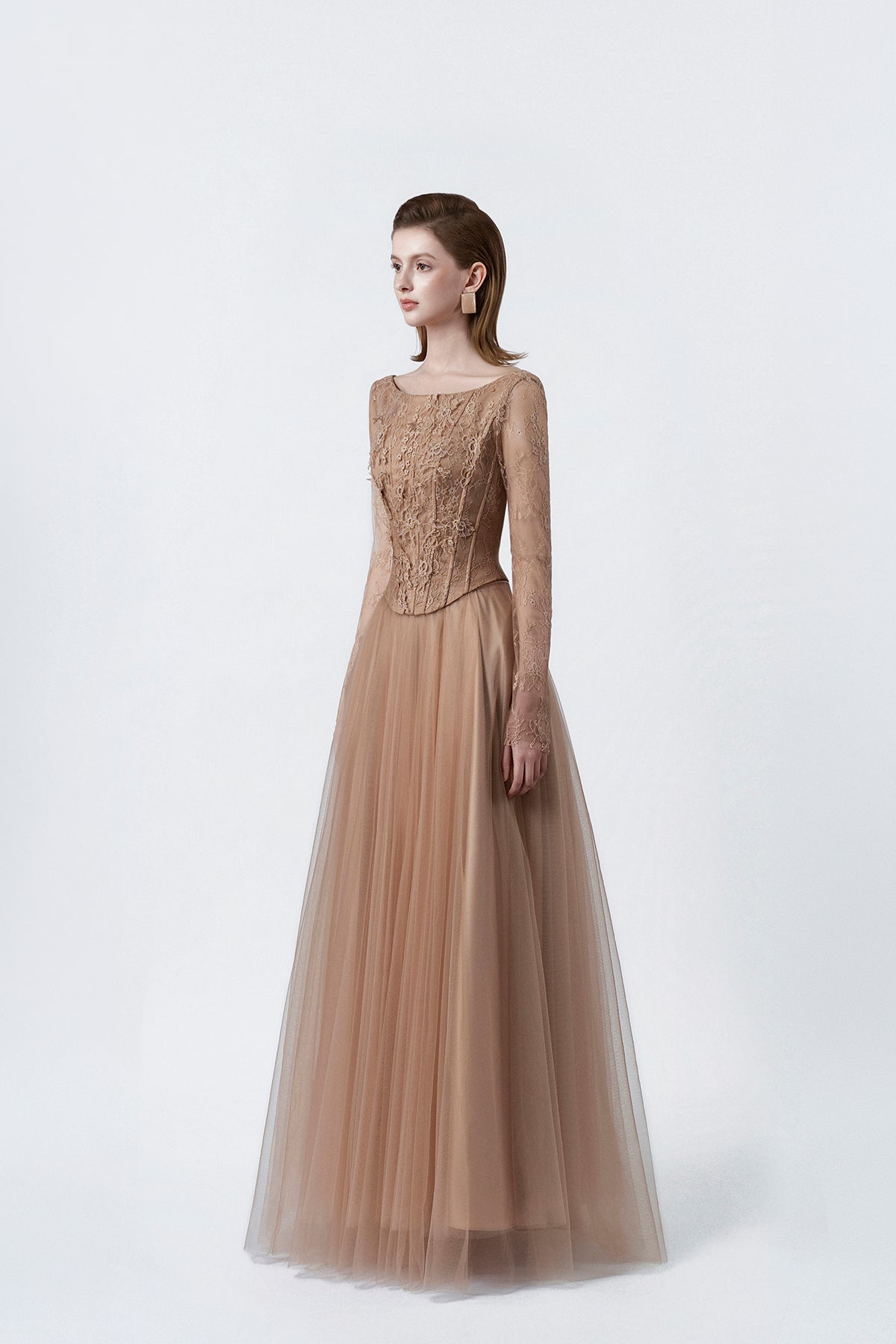 nude flared lace maxi dress, DeTHEIA