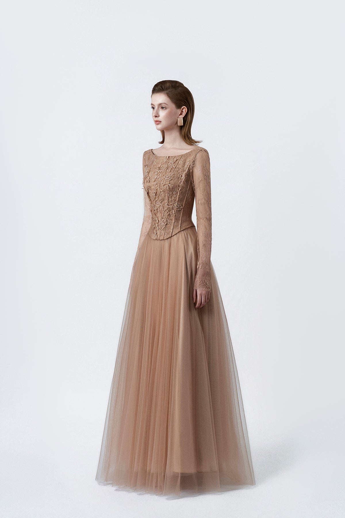 nude flared lace maxi dress, DeTHEIA