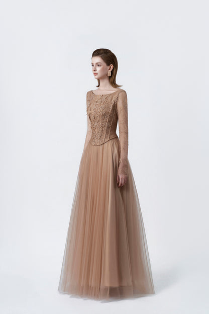 nude flared lace maxi dress, DeTHEIA