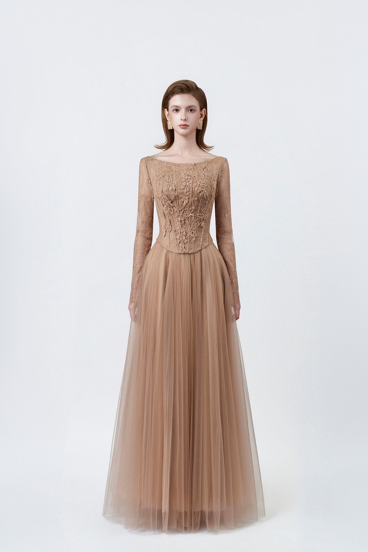 model in a nude boat-neck long-sleeve lace maxi dress, DeTHEIA