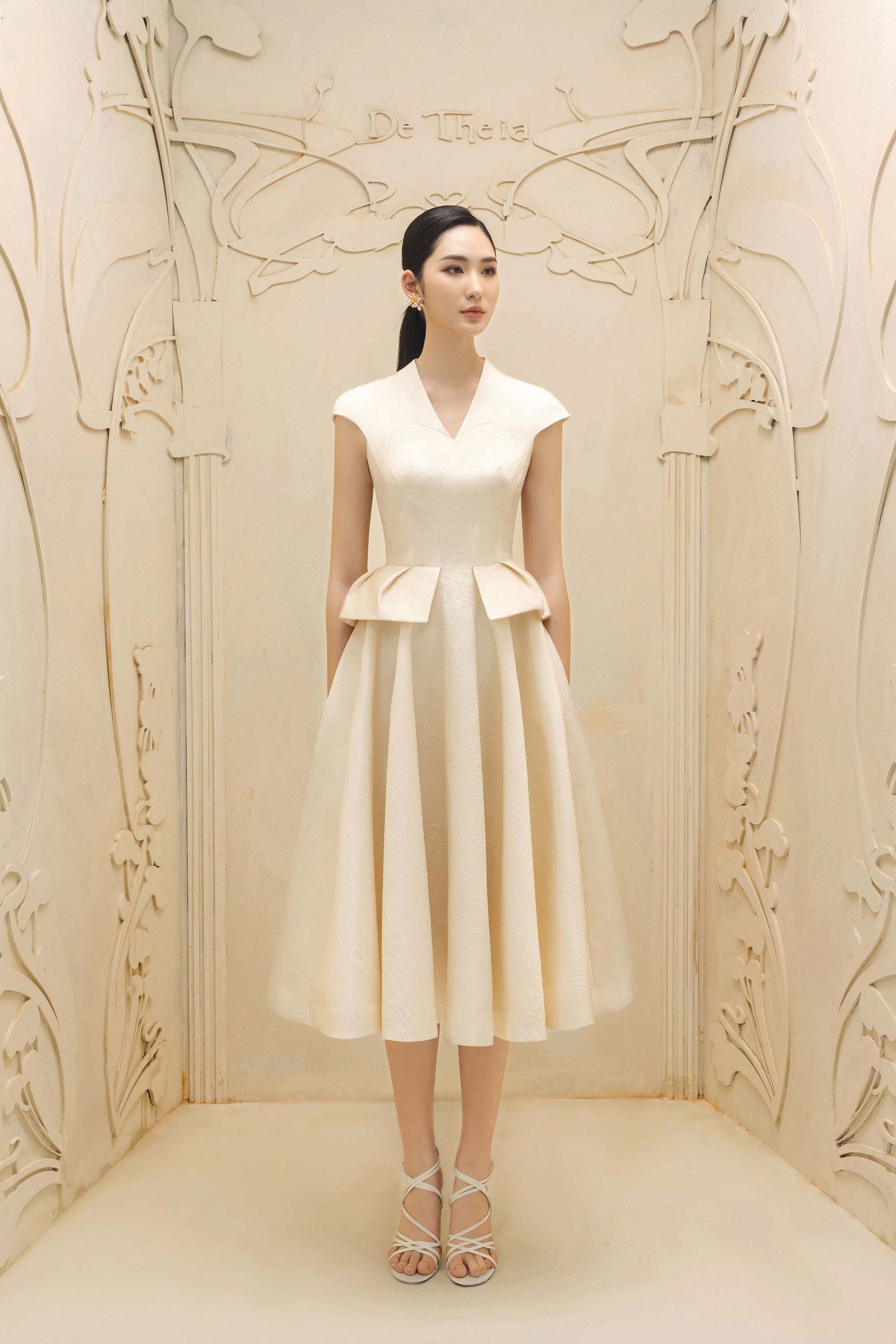 beige a line dress Contessa Beige A-Line Midi Dress DeTHEIA