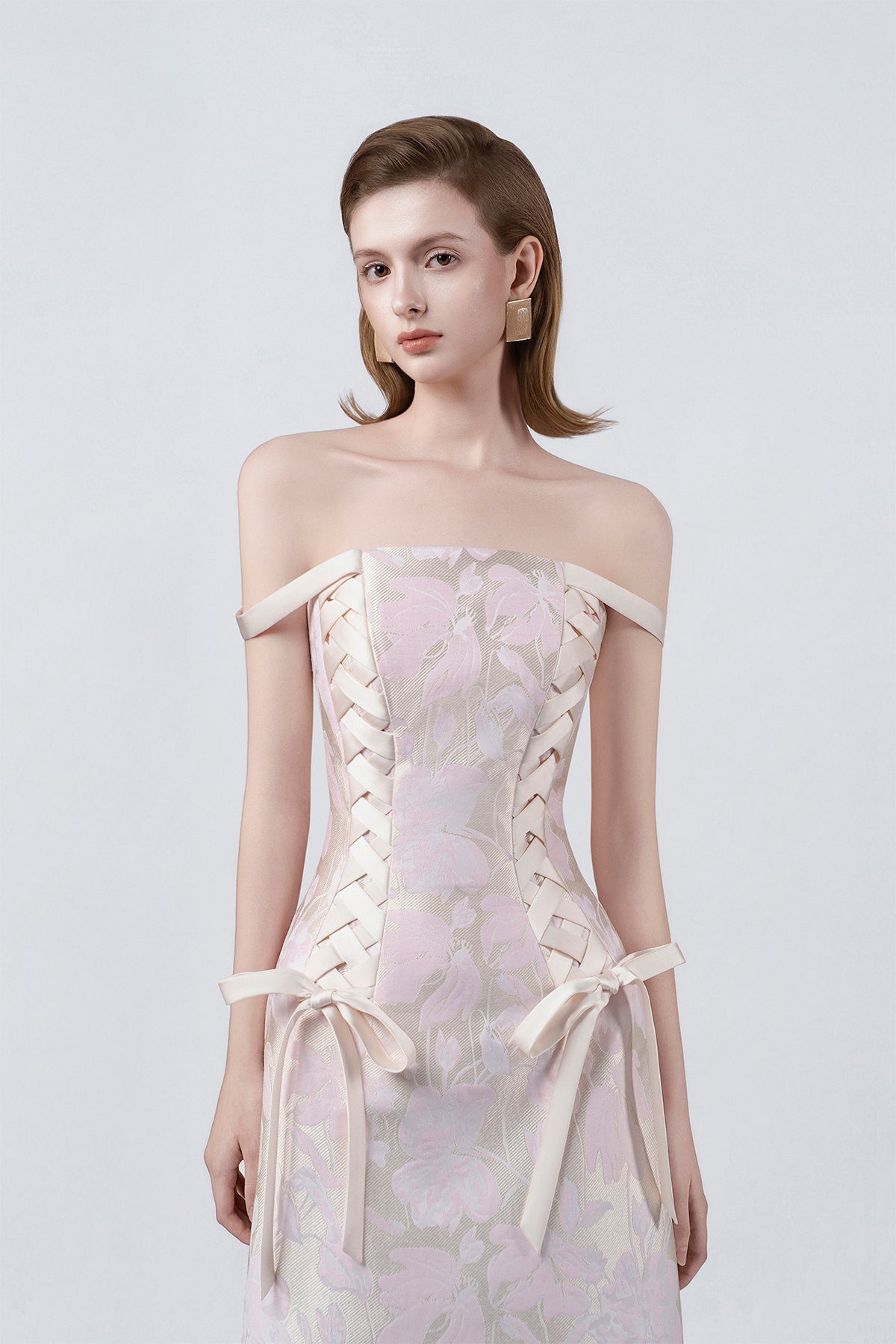 off-the-shoulder neckline and lace on pink, DeTHEIA