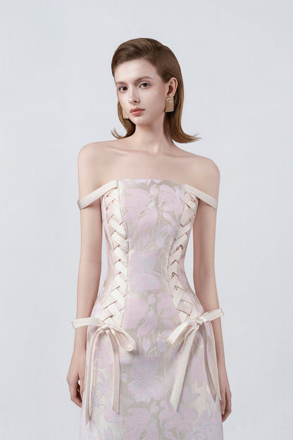 off-the-shoulder neckline and lace on pink, DeTHEIA
