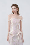 off-the-shoulder neckline and lace on pink, DeTHEIA