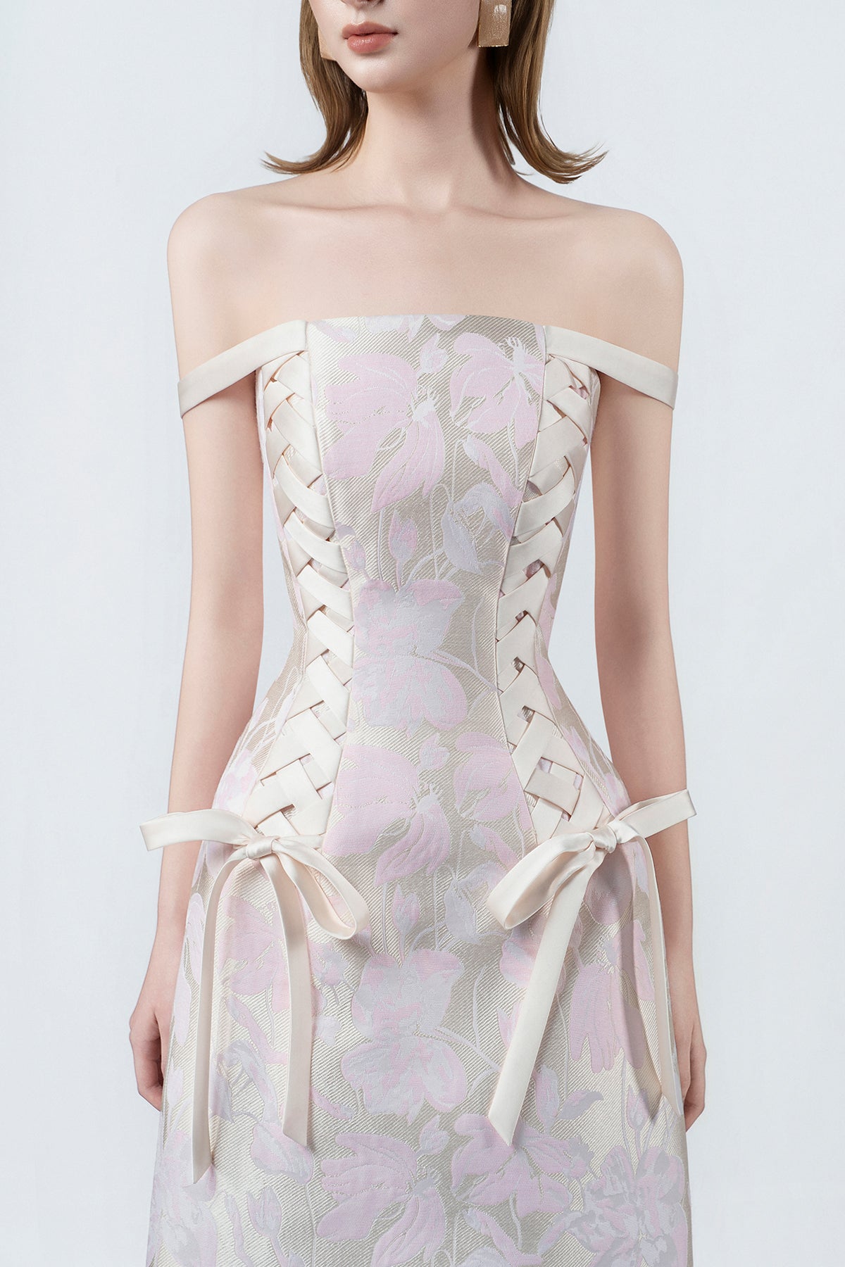 pink off-the-shoulder A-line midi dress, DeTHEIA
