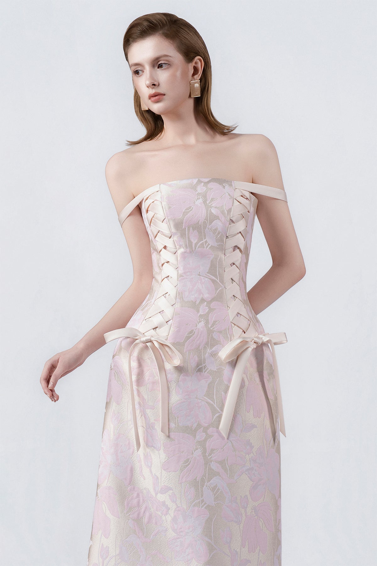 pink off-the-shoulder A-line midi dress, DeTHEIA