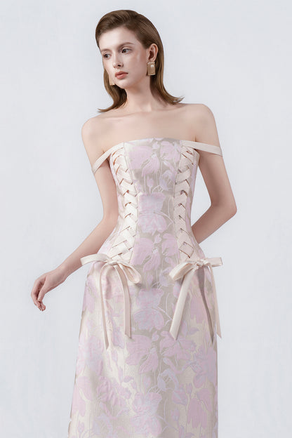 pink off-the-shoulder A-line midi dress, DeTHEIA