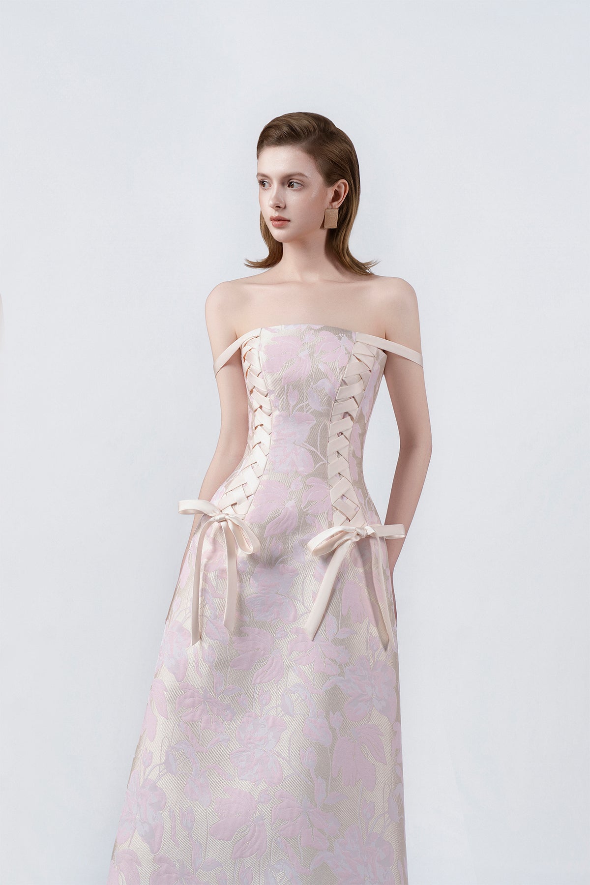 pink off-the-shoulder A-line midi dress, DeTHEIA