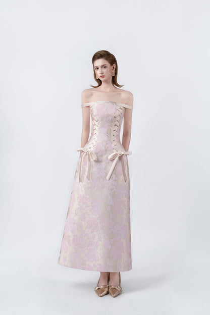 pink off-the-shoulder midi dress, DeTHEIA De Nona Cometa