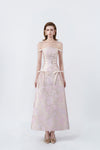 model in a pink off-the-shoulder lace midi dress, DeTHEIA