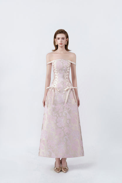 model in a pink off-the-shoulder lace midi dress, DeTHEIA
