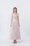 model in a pink off-the-shoulder lace midi dress, DeTHEIA