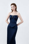 sweetheart neckline and embellished bow on navy, DeTHEIA