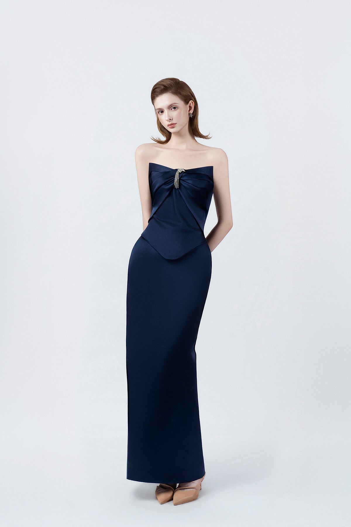 navy strapless midi dress, DeTHEIA De Nona Cometa