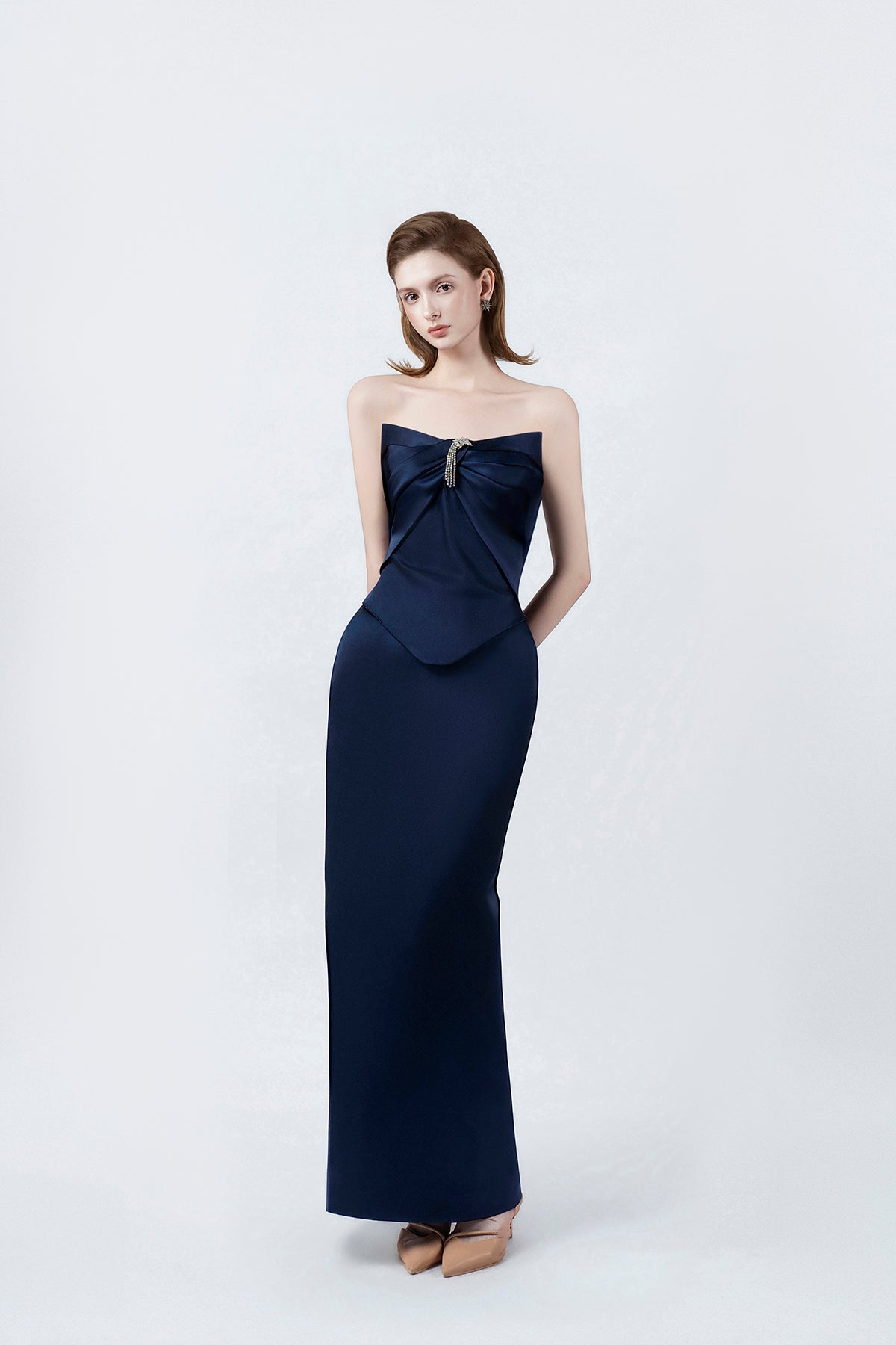 navy strapless midi dress, DeTHEIA De Nona Cometa