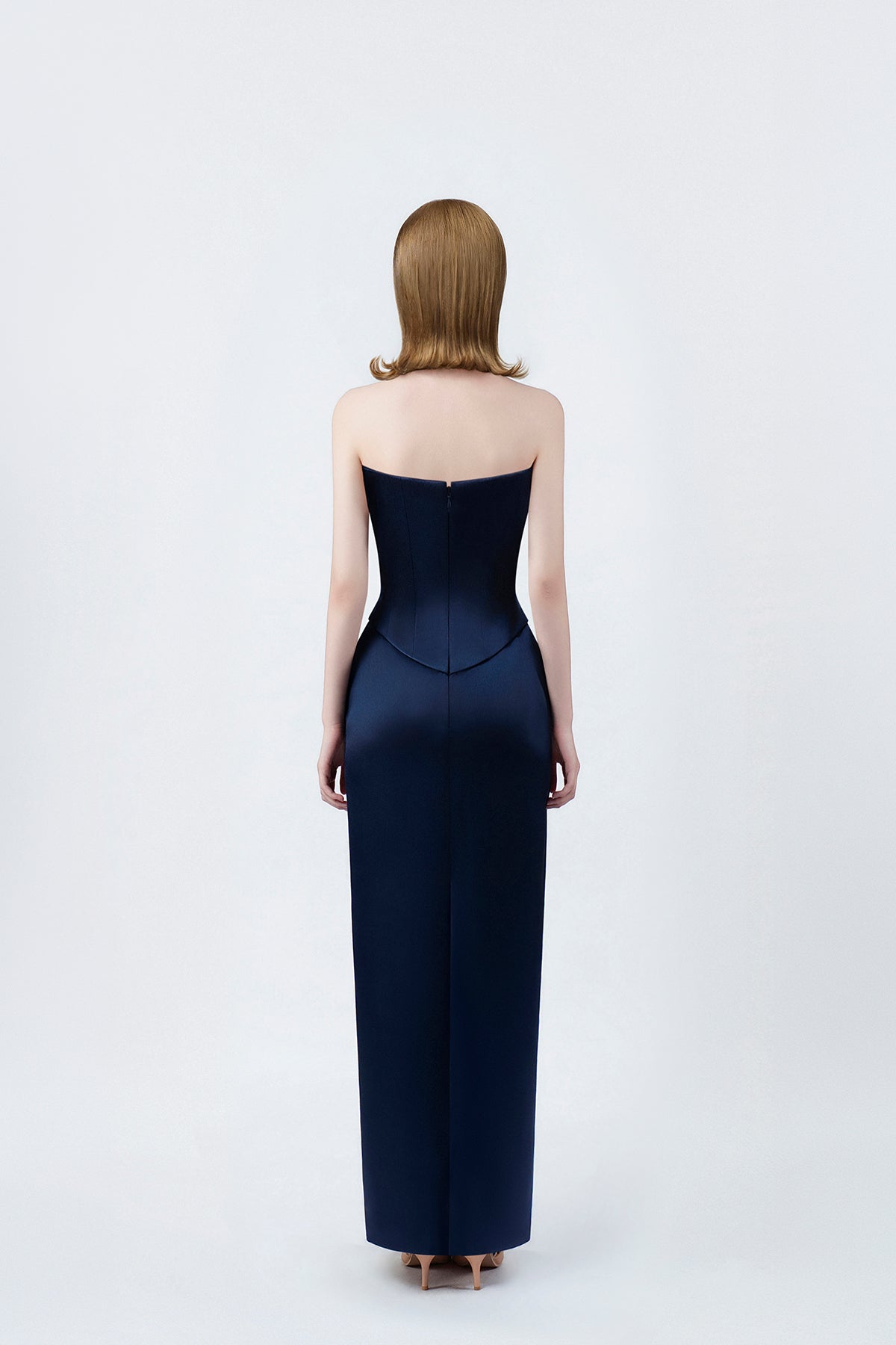 navy strapless pencil midi dress with back zip, DeTHEIA