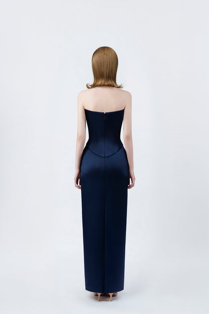 navy strapless pencil midi dress with back zip, DeTHEIA