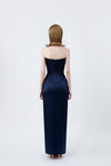 navy strapless pencil midi dress with back zip, DeTHEIA