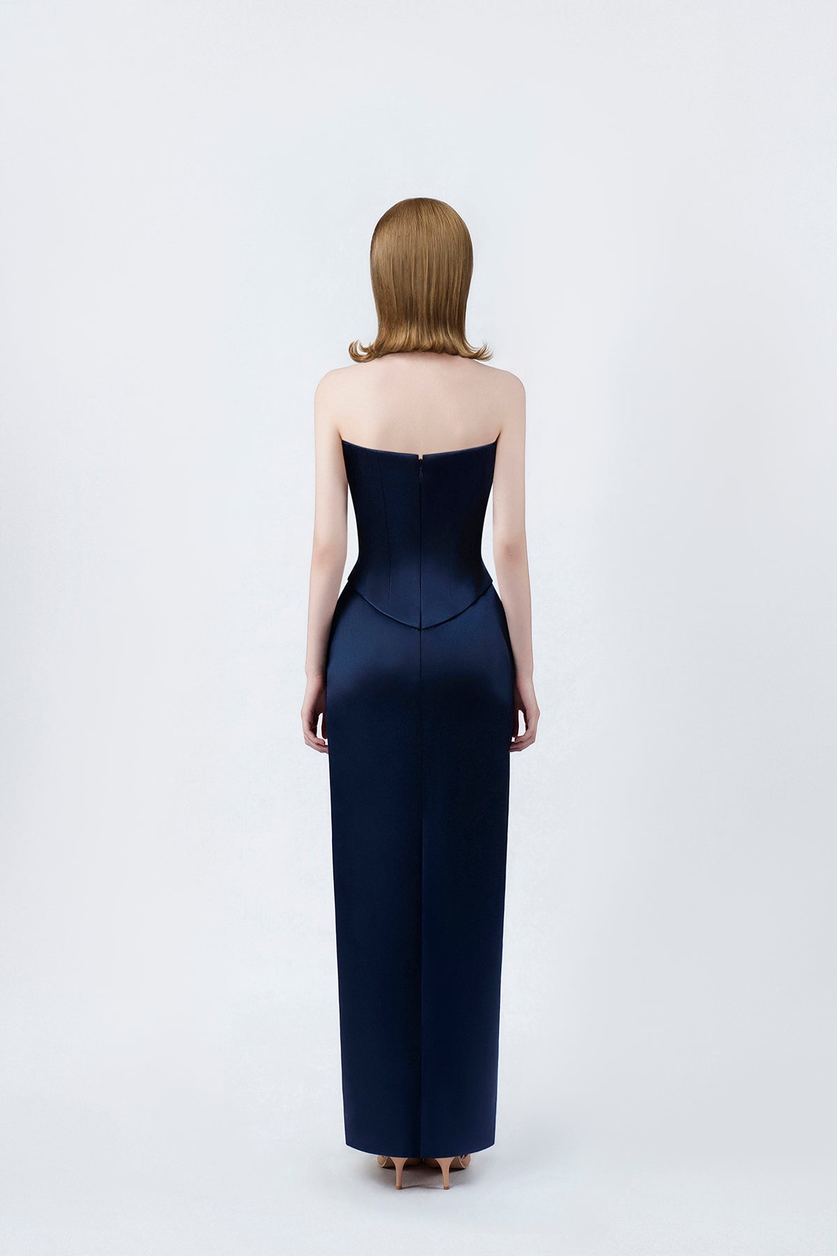 navy strapless pencil midi dress with back zip, DeTHEIA