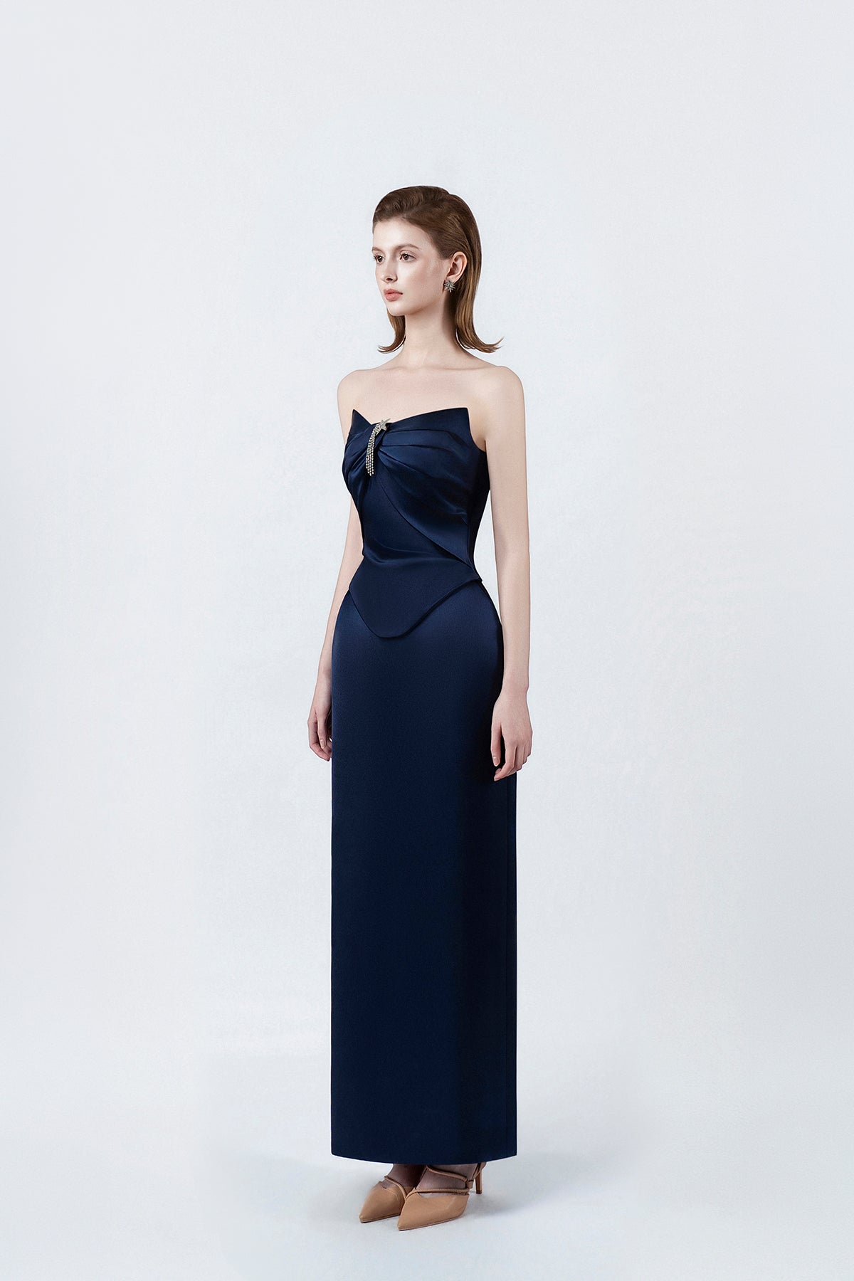navy fitted pencil midi dress, DeTHEIA