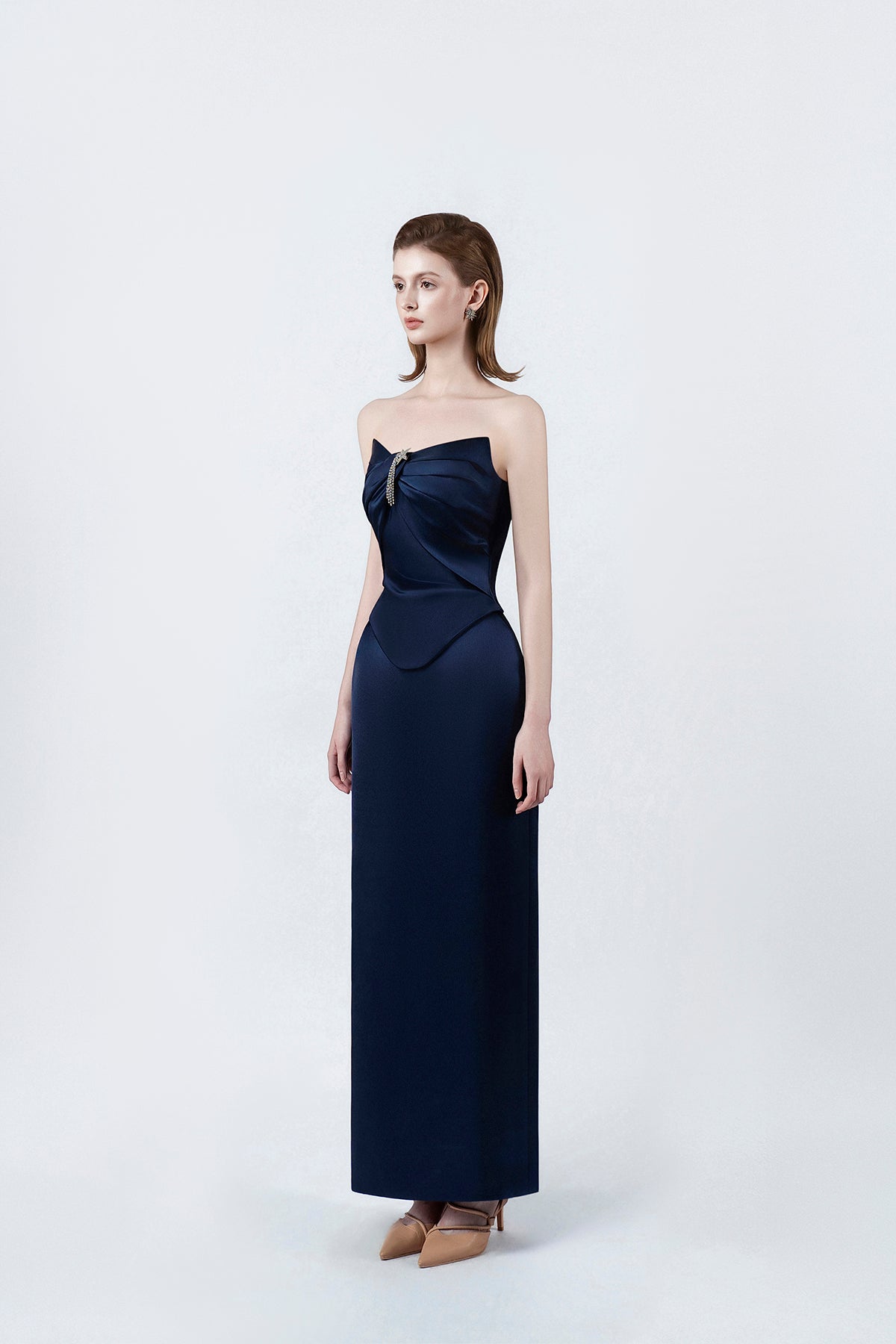 navy fitted pencil midi dress, DeTHEIA