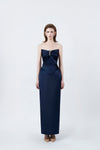 model in a navy strapless sweetheart pencil midi dress, DeTHEIA