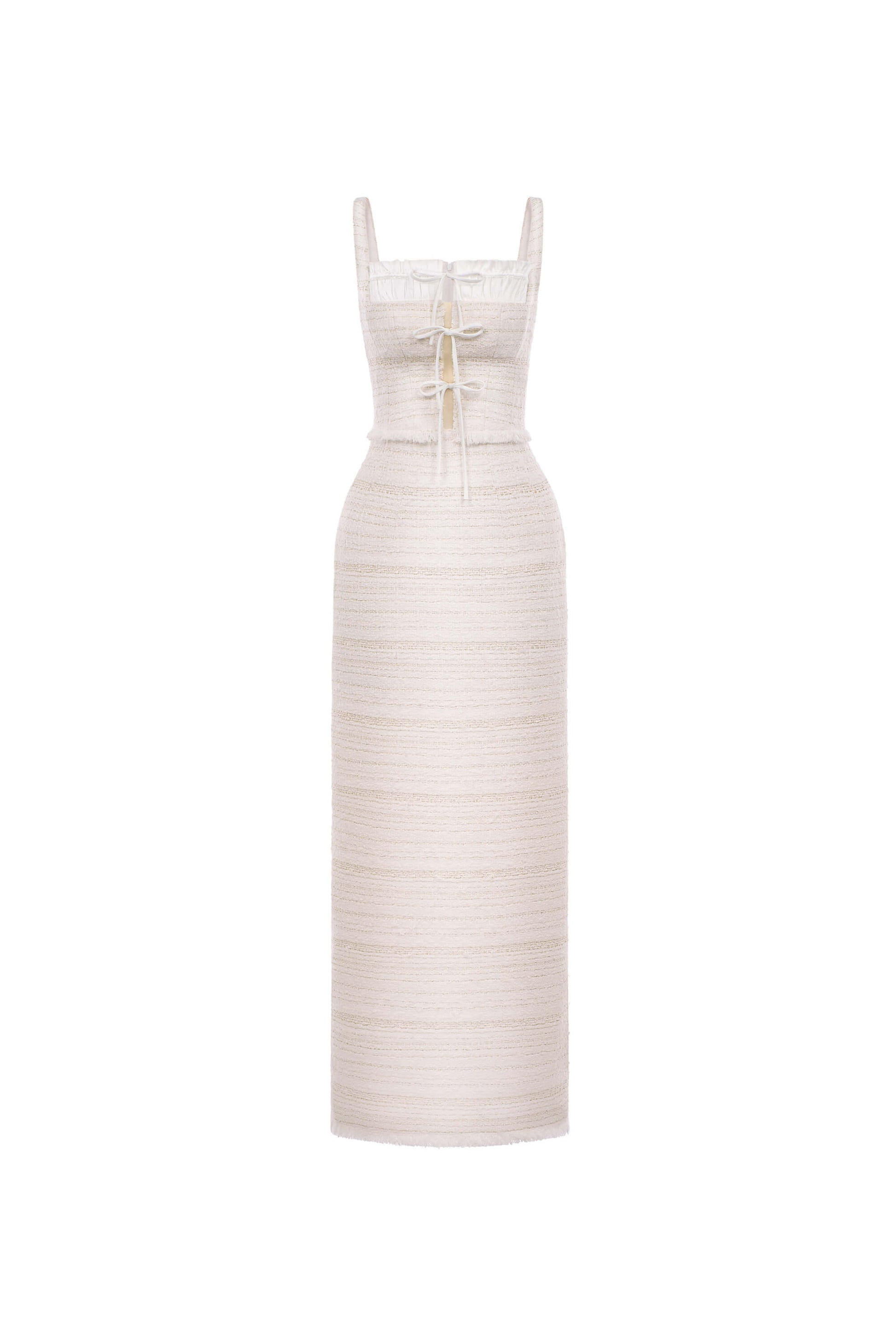 White strapless dress with a belt on a white background