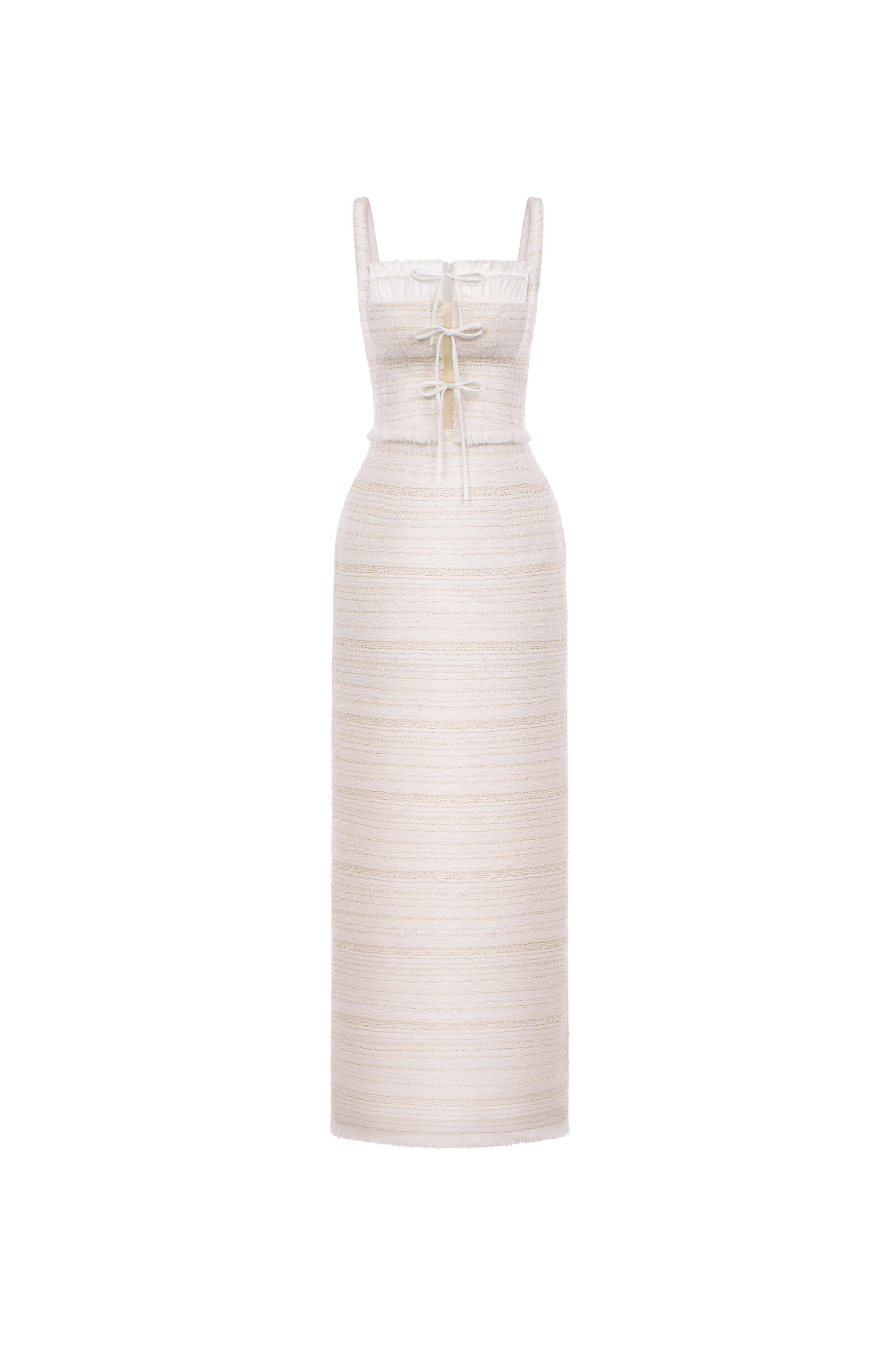 White strapless dress with a belt on a white background