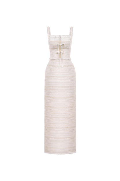 White strapless dress with a belt on a white background