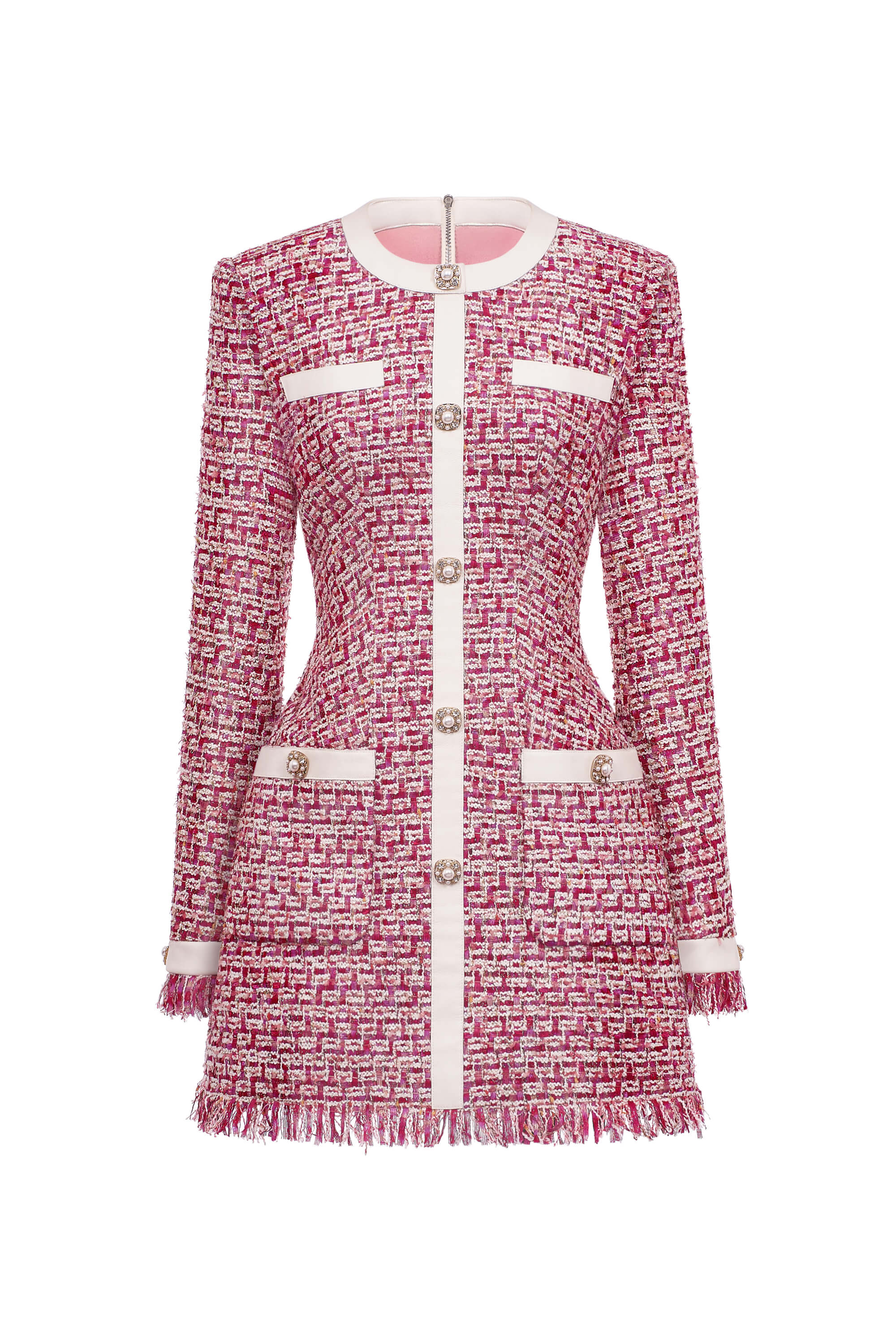 Pink and white patterned jacket with fringes on a white background