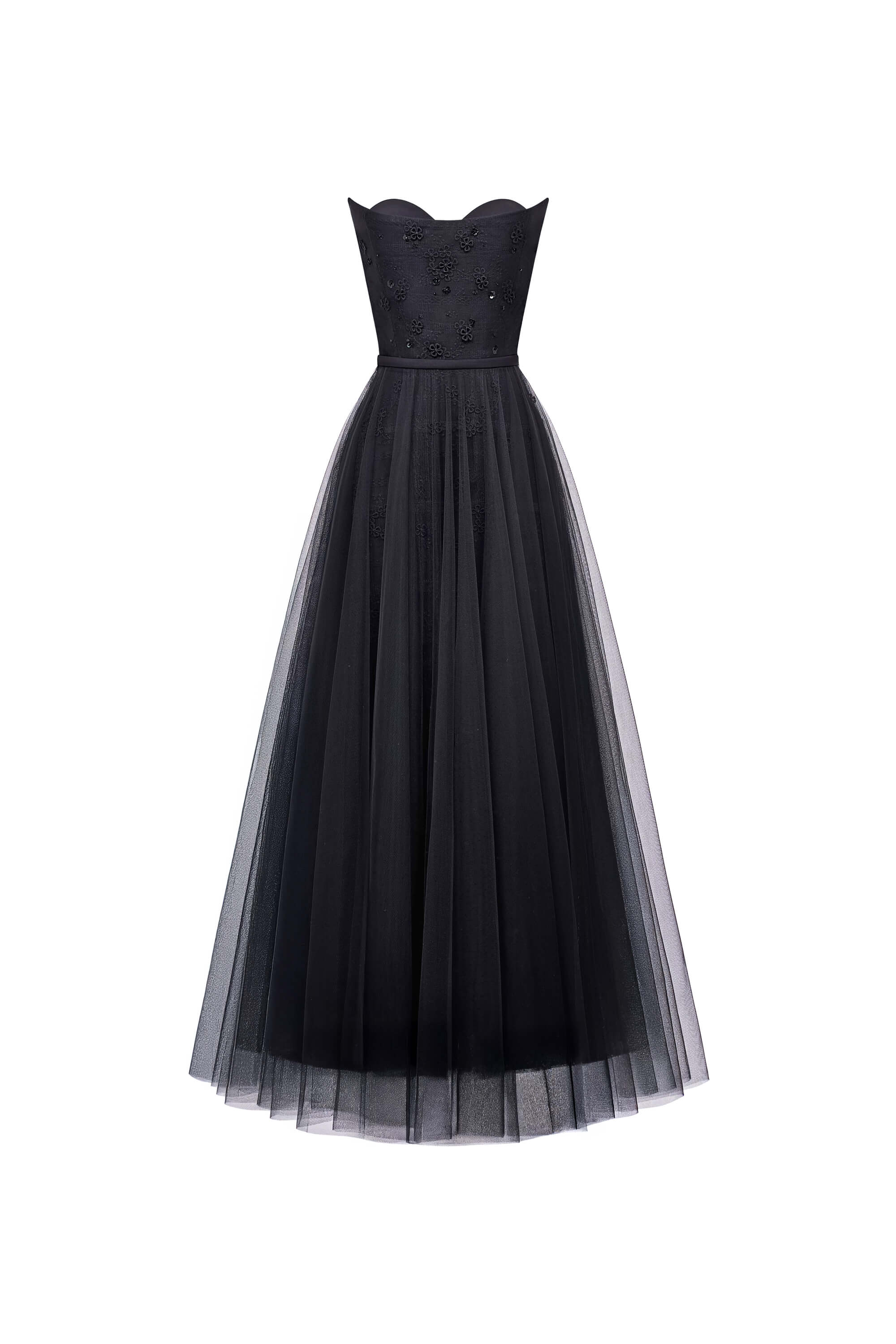 Black evening gown with floral lace bodice on a white background