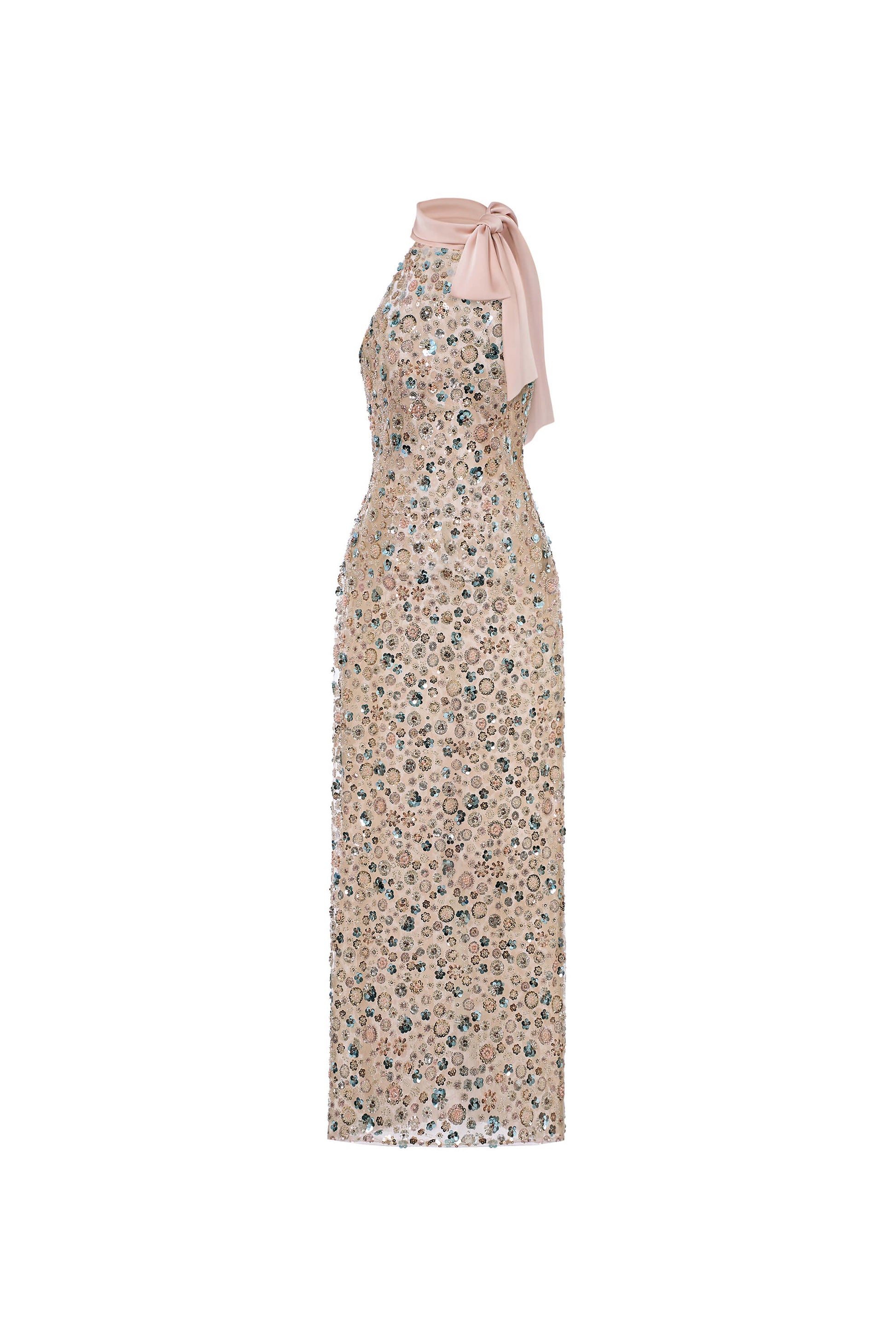Floral dress with a halter neck and pink tie on a white background
