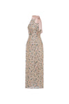 Floral dress with a halter neck and pink tie on a white background