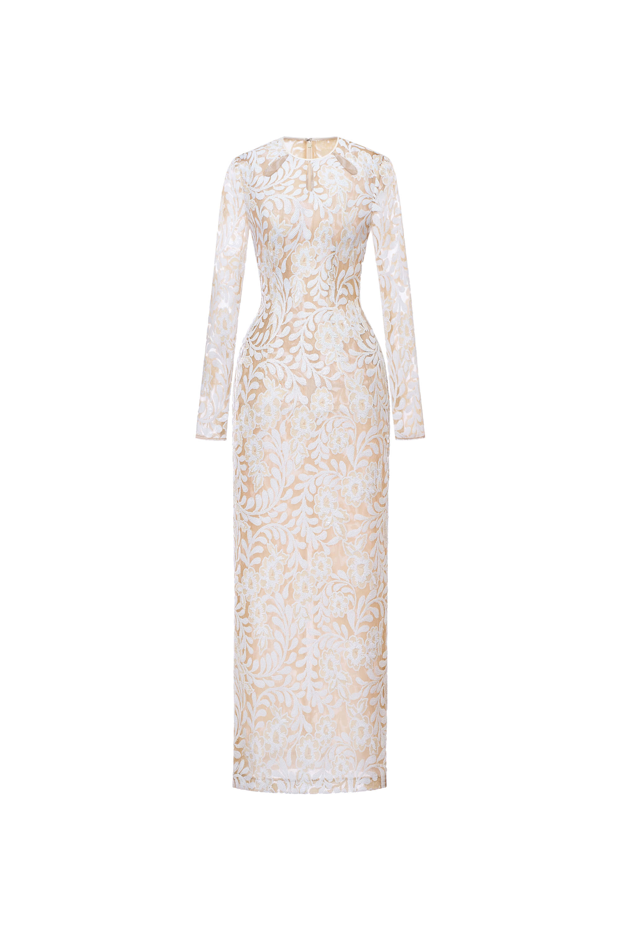 White lace dress with long sleeves on a white background