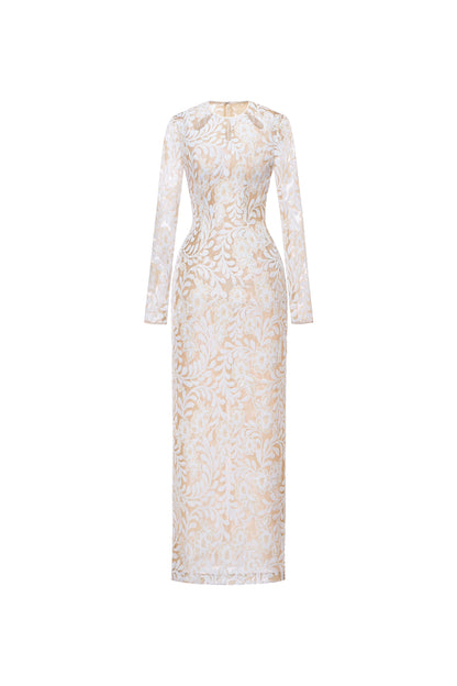 White lace dress with long sleeves on a white background