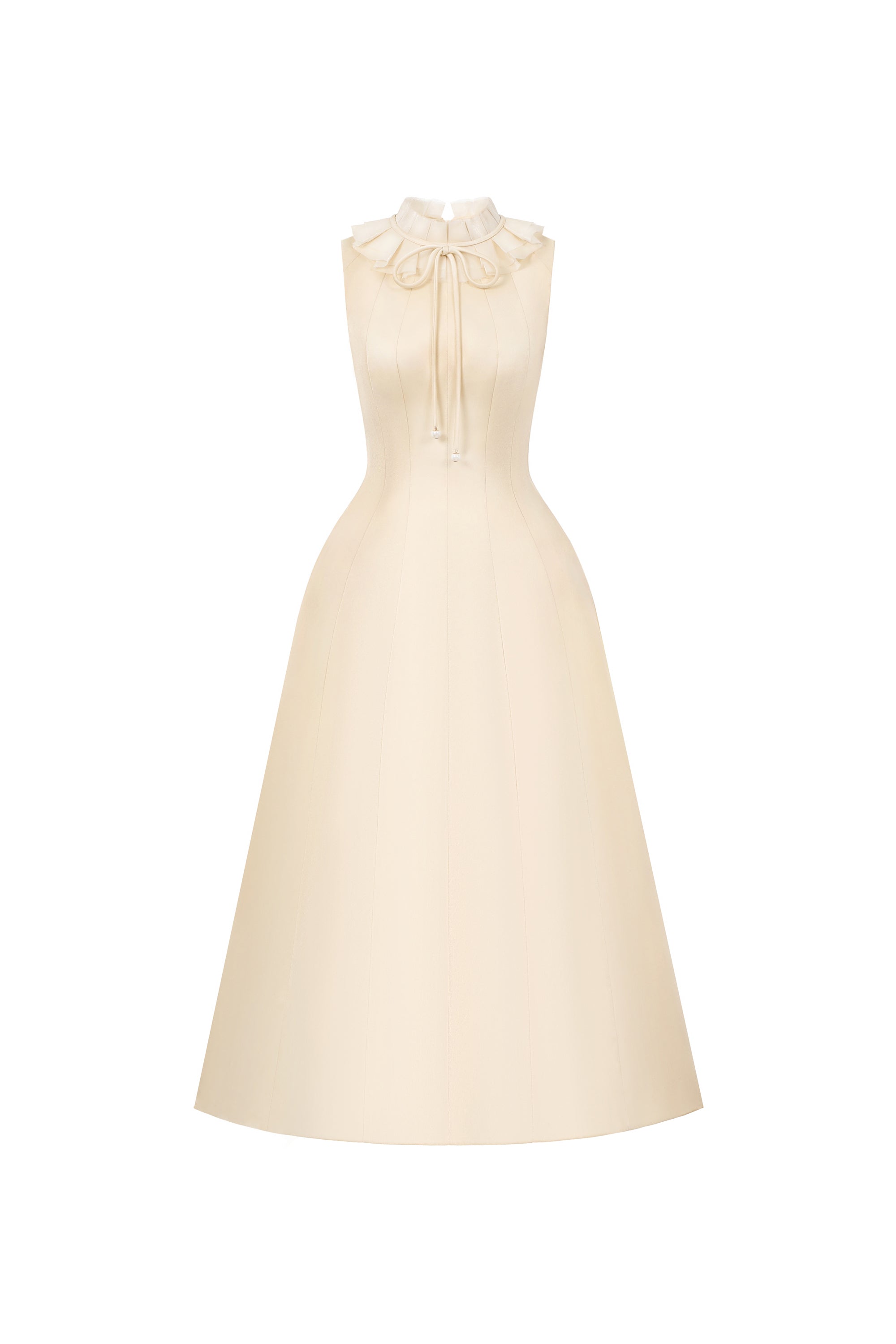 beige flared midi dress with pleated ruffle collar, DeTHEIA De Nona Cometa