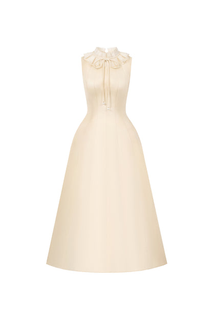 beige flared midi dress with pleated ruffle collar, DeTHEIA De Nona Cometa