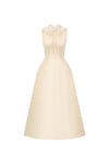 beige flared midi dress with pleated ruffle collar, DeTHEIA De Nona Cometa