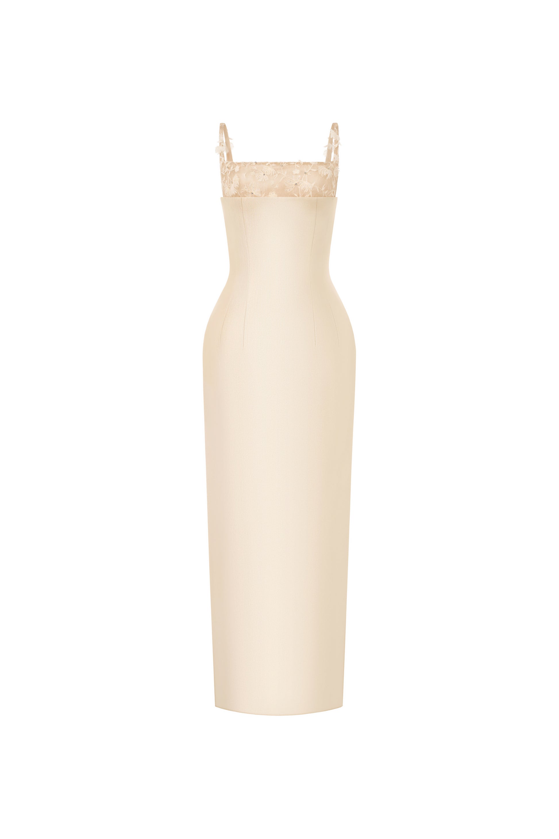 beige pencil midi dress with embellished straps, DeTHEIA De Nona Cometa