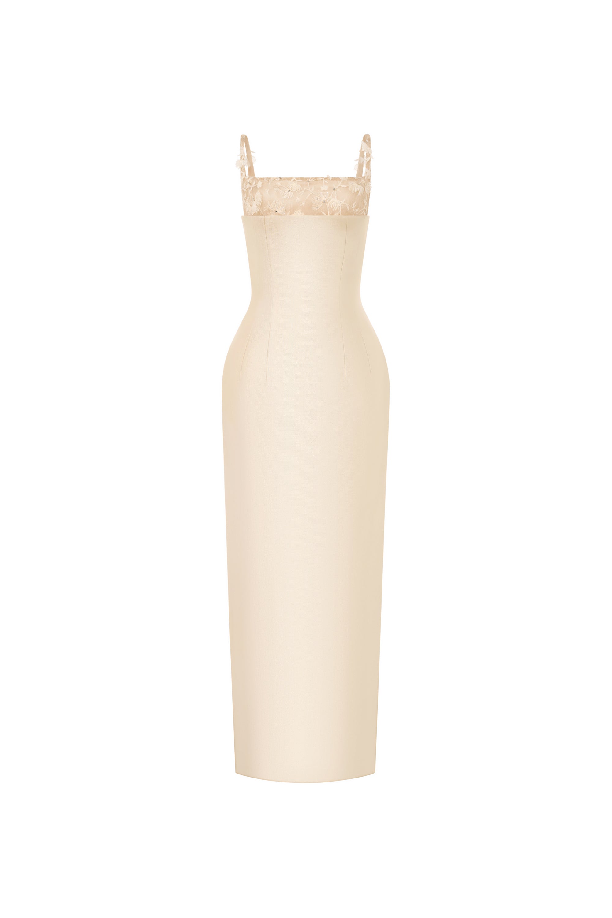 beige pencil midi dress with embellished straps, DeTHEIA De Nona Cometa
