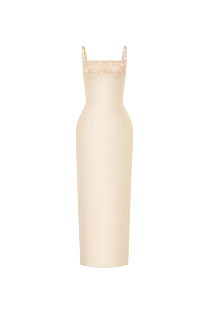 beige pencil midi dress with embellished straps, DeTHEIA De Nona Cometa