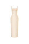 beige pencil midi dress with embellished straps, DeTHEIA De Nona Cometa