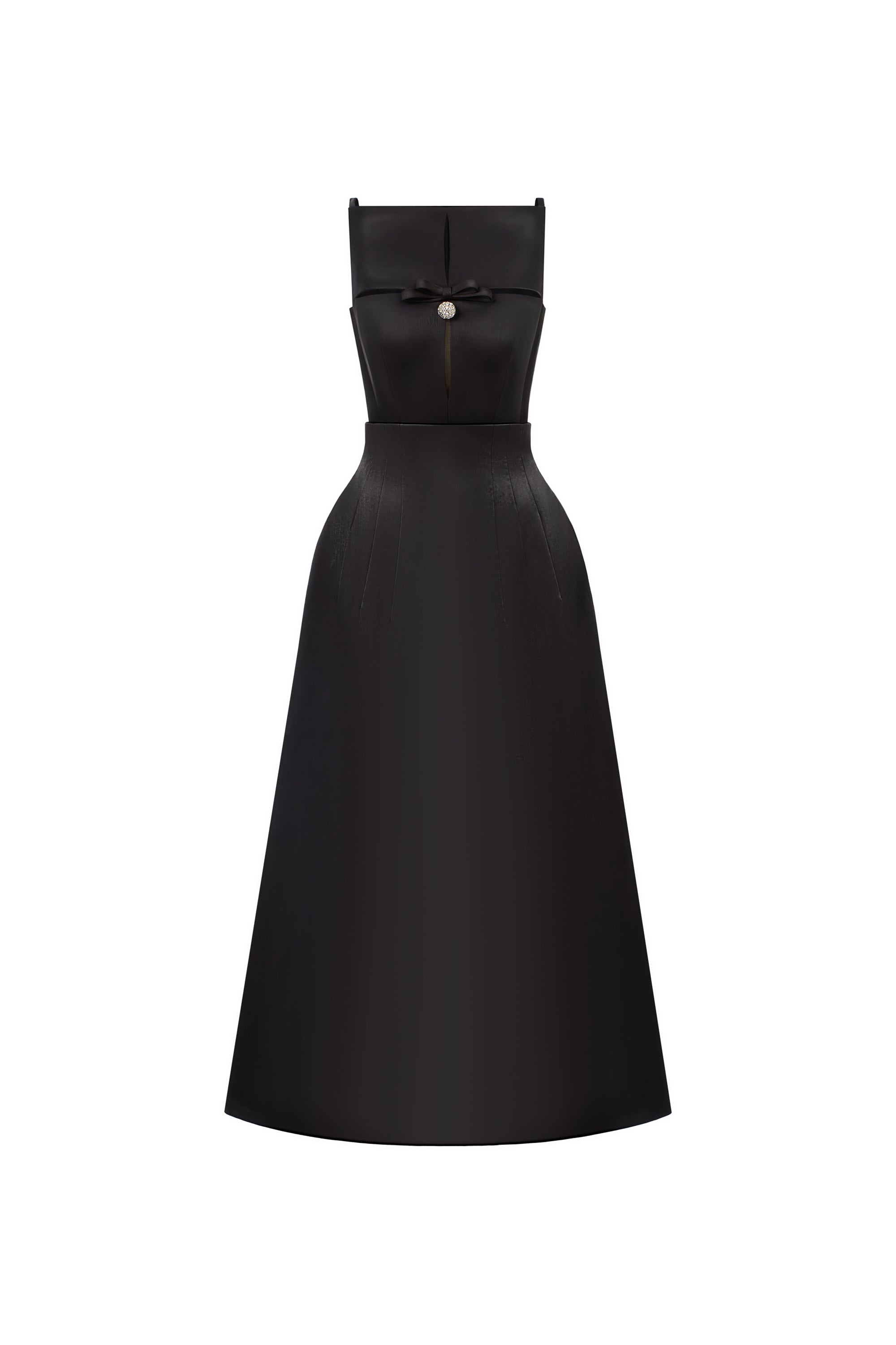 black A-line midi dress with boat neckline, DeTHEIA De Nona Cometa