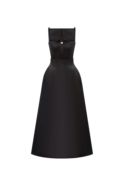 black A-line midi dress with boat neckline, DeTHEIA De Nona Cometa