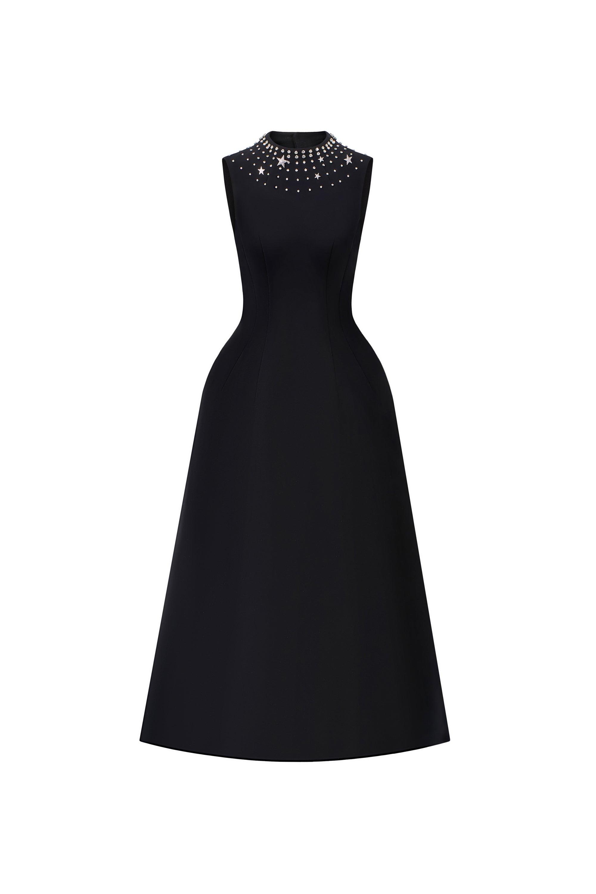 black A-line midi dress with hand-beaded rhinestone neckline, DeTHEIA De Nona Cometa