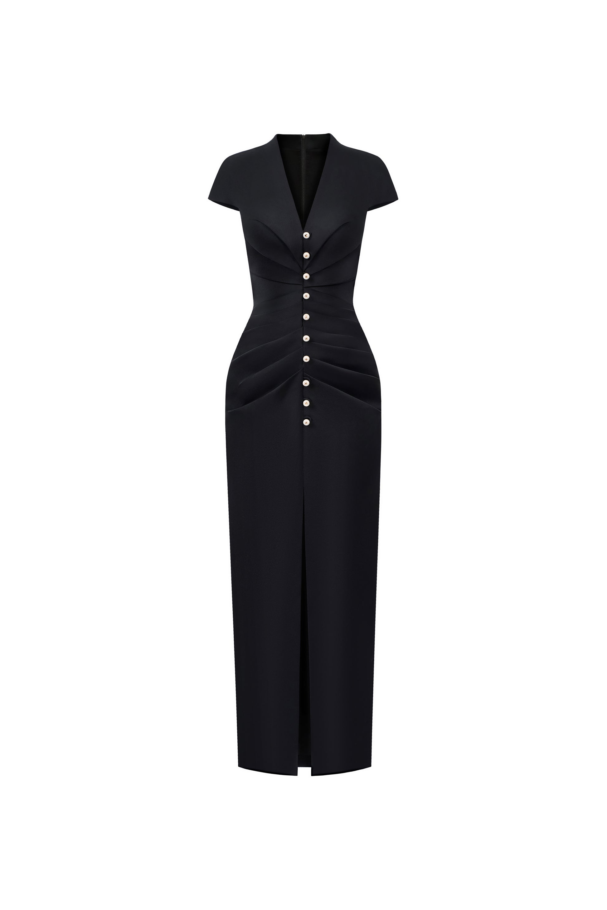black V-neck button-front pencil midi dress, DeTHEIA De Nona Cometa