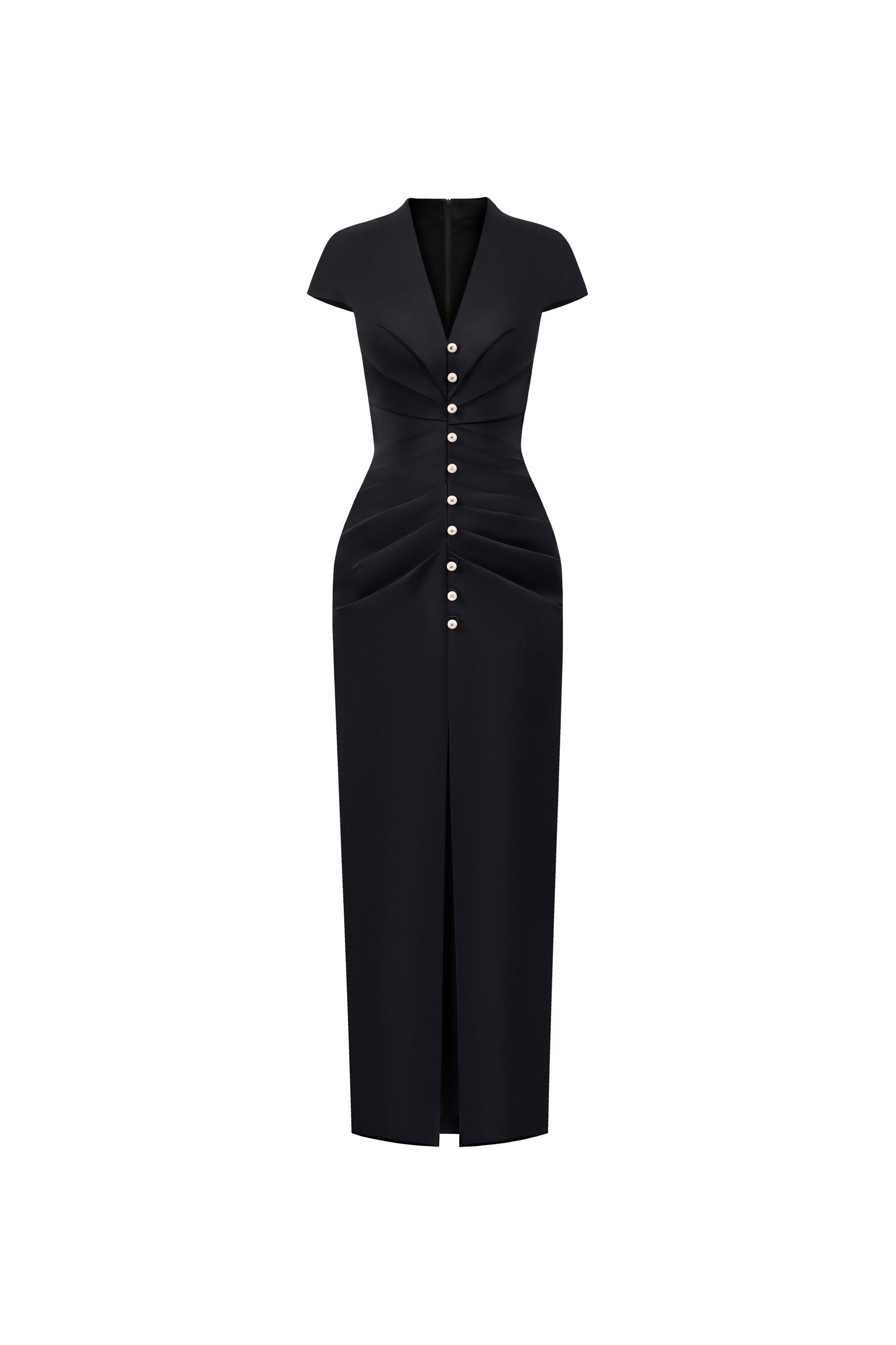 black V-neck button-front pencil midi dress, DeTHEIA De Nona Cometa