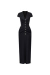 black V-neck button-front pencil midi dress, DeTHEIA De Nona Cometa