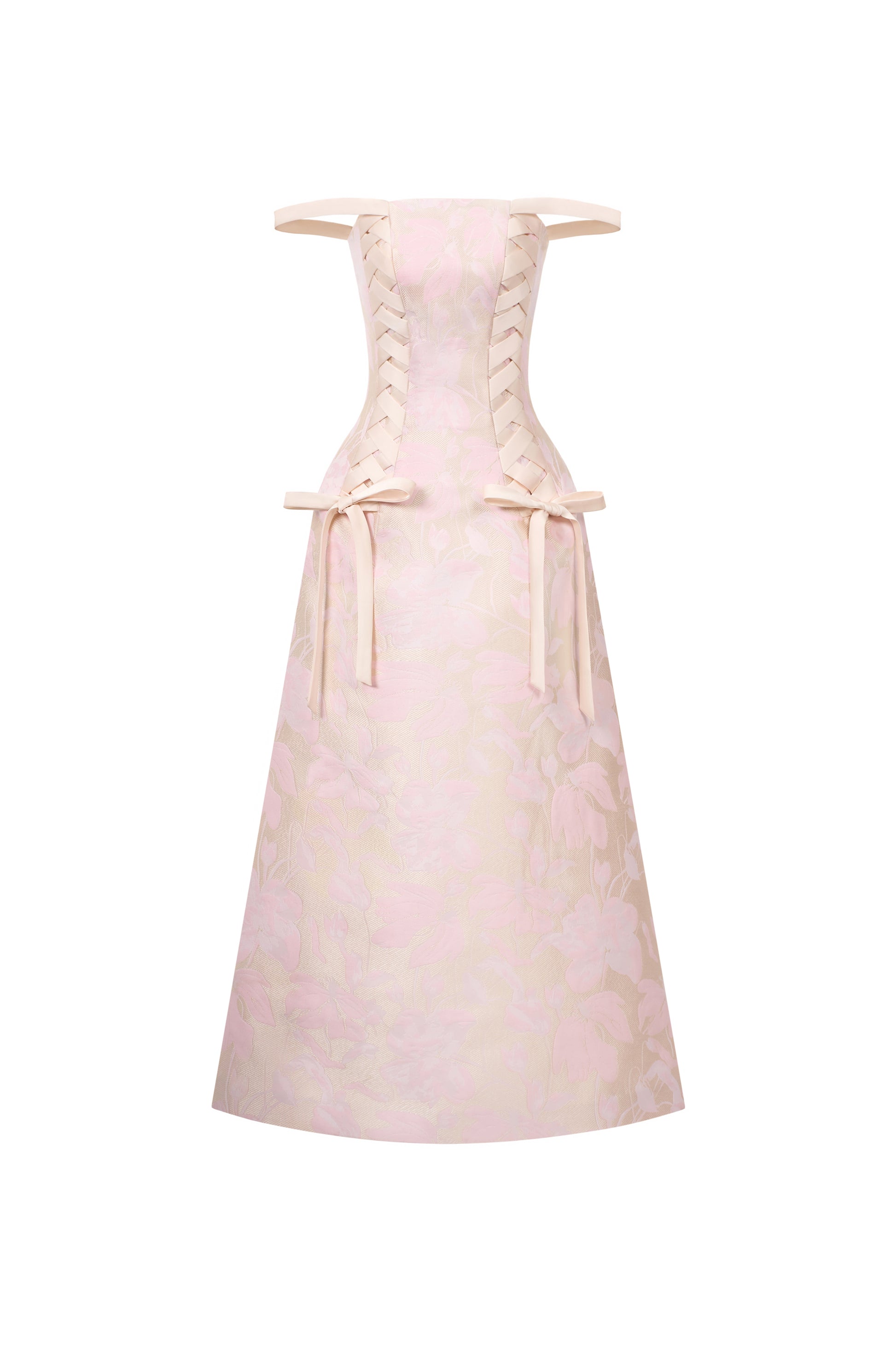 pink off-the-shoulder A-line midi dress with lace, DeTHEIA De Nona Cometa