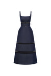 denim-blue A-line midi dress with metallic floral embroidery, DeTHEIA De Nona Cometa